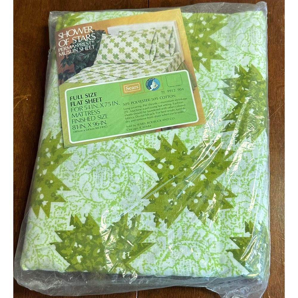 Vtg Sears Shower of Stars Muslin Perma-Prest Full Flat Sheet Made USA NEW NOS